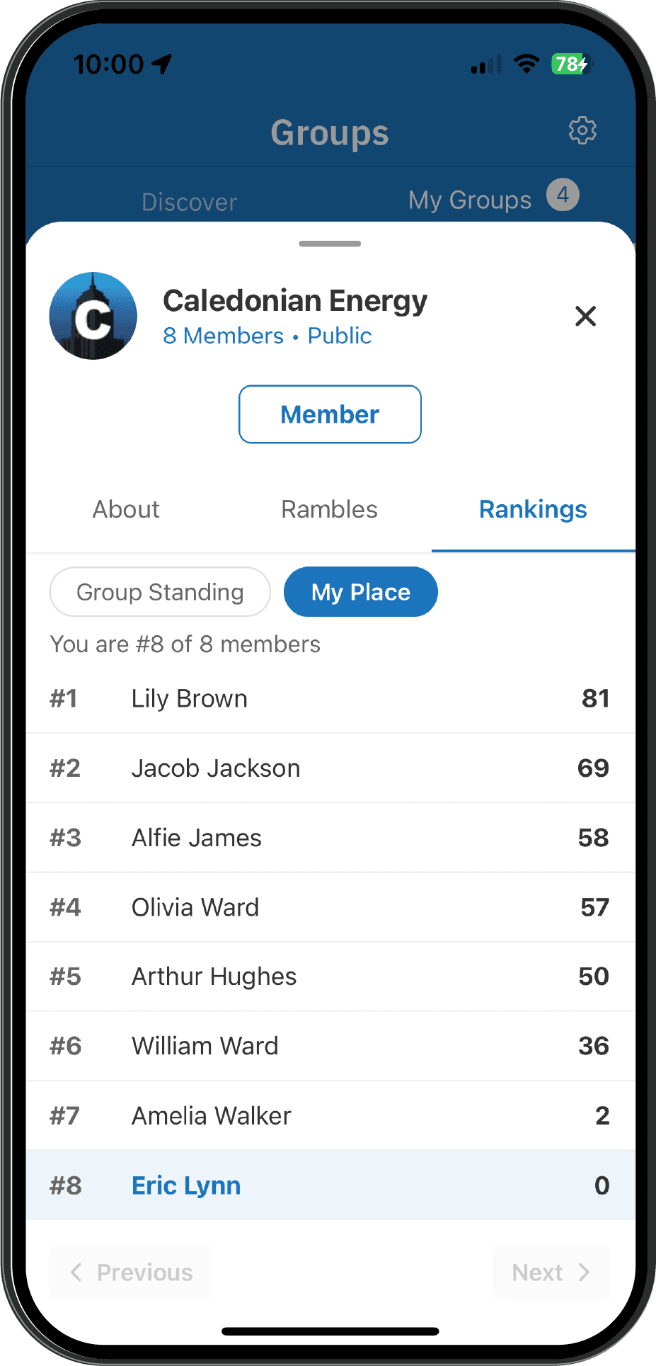 Your ranking among group members in the mobile app