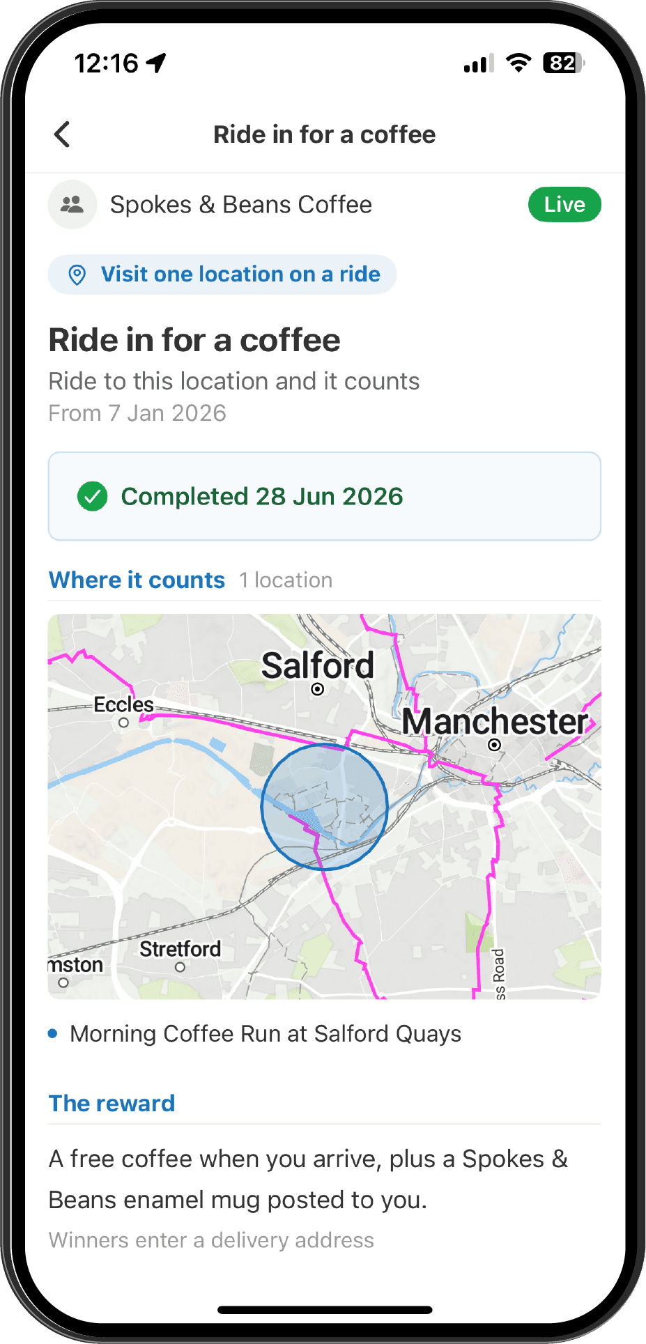 A ride-in-for-a-coffee reward completed in the mobile app