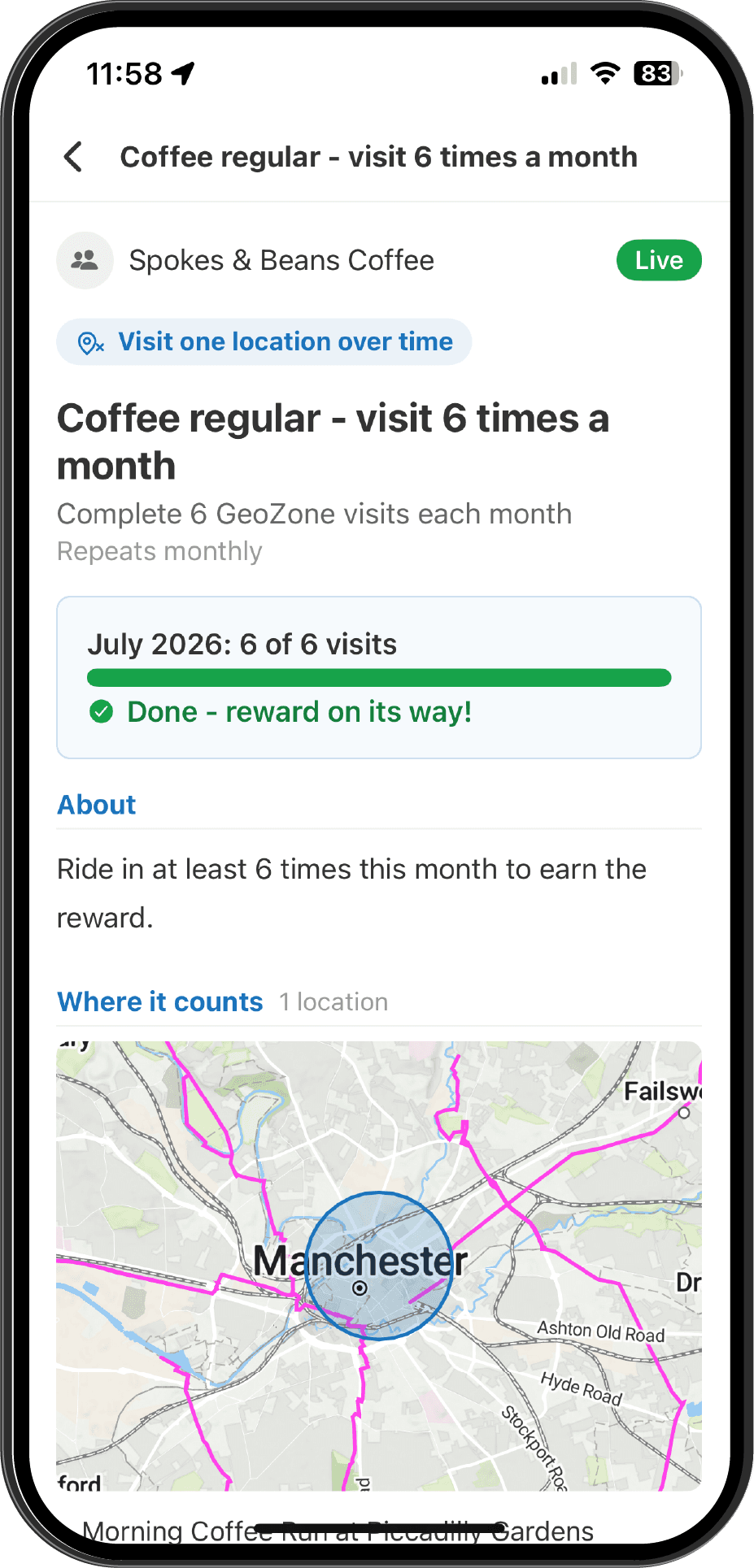 A cafe loyalty Ramble - visit six times for a reward - in the mobile app
