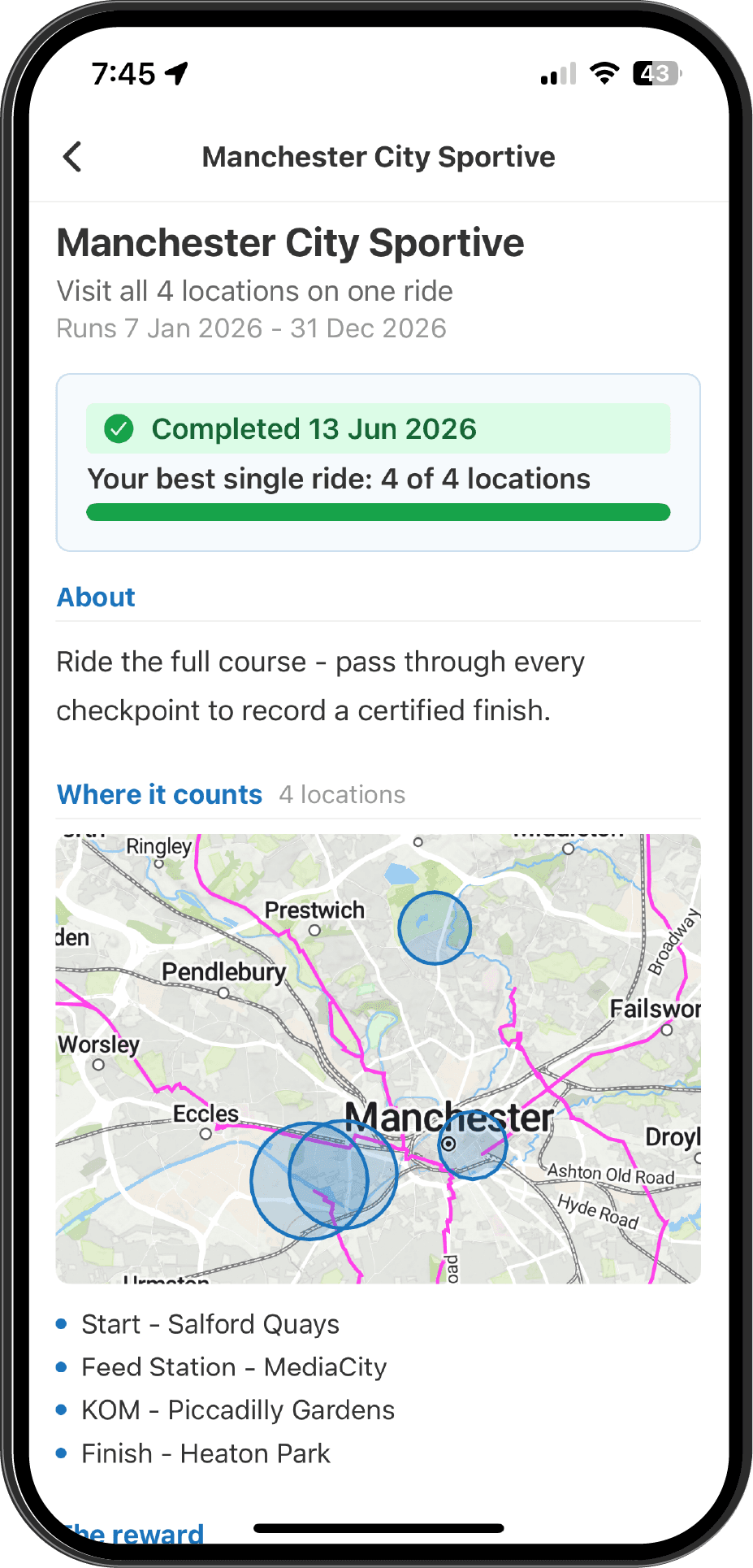 An event course as a Visit-multiple-locations Ramble, with GeoZone checkpoints on the map