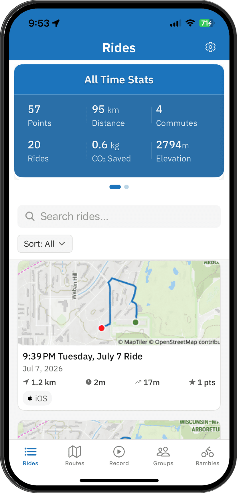 Employee rides list with CO2 savings in mobile app