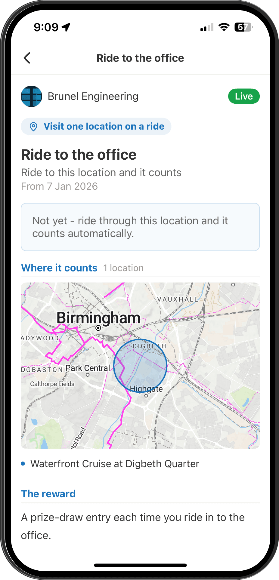 A ride-to-the-office Ramble with a GeoZone at the workplace, in the mobile app